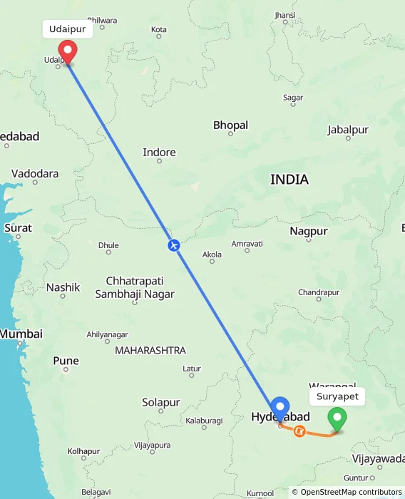 Route map showing distance and travel time from Suryapet, India to Udaipur, India
