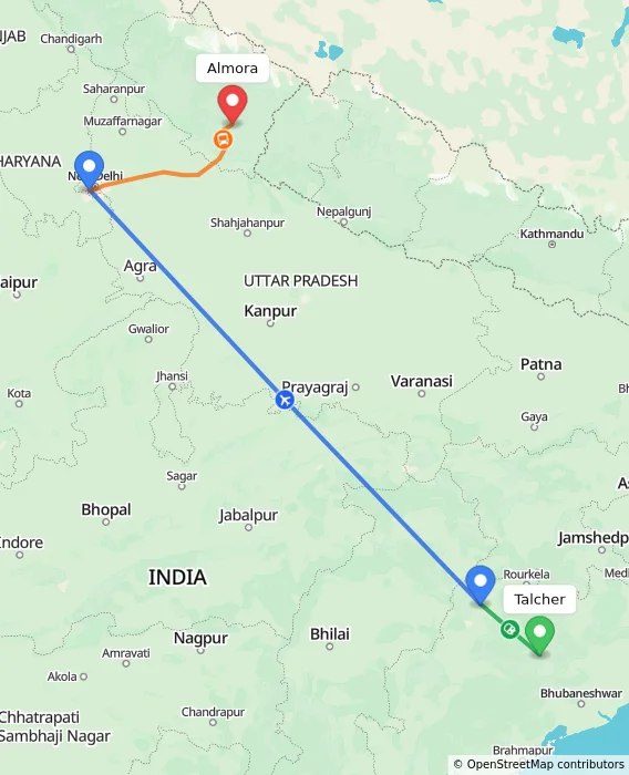 Route map showing distance and travel time from Talcher, India to Almora, India