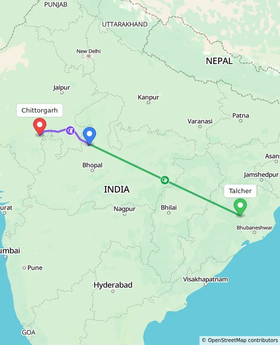 Route map showing distance and travel time from Talcher, India to Chittorgarh, India