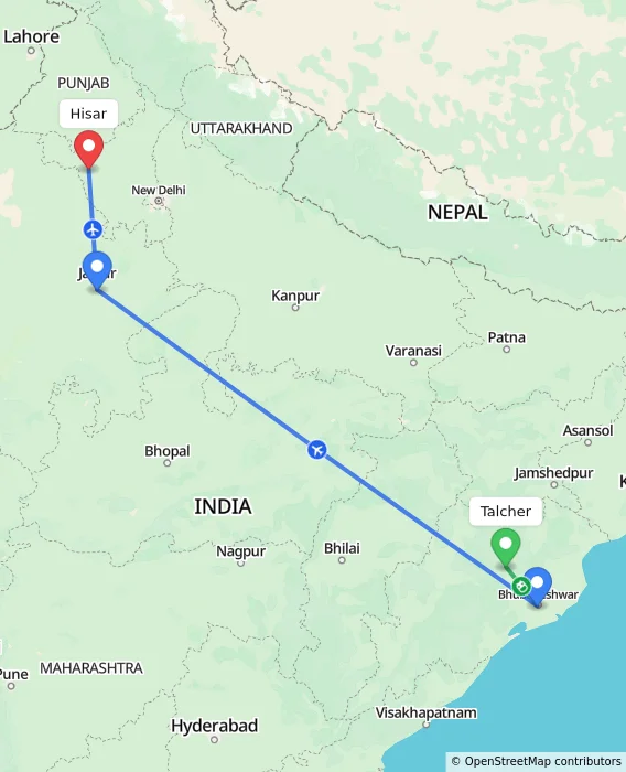 Route map showing distance and travel time from Talcher, India to Hisar, India