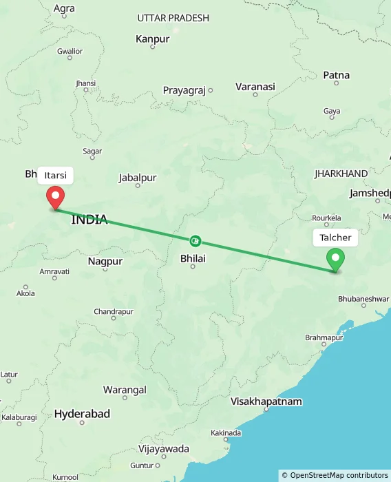 Route map showing distance and travel time from Talcher, India to Itarsi, India