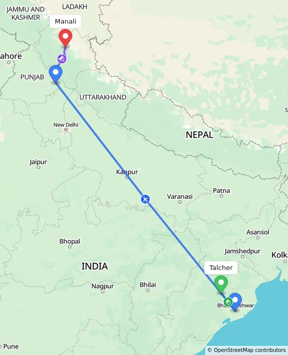 Route map showing distance and travel time from Talcher, India to Manali, India