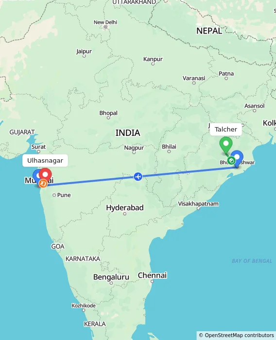 Route map showing distance and travel time from Talcher, India to Ulhasnagar, India
