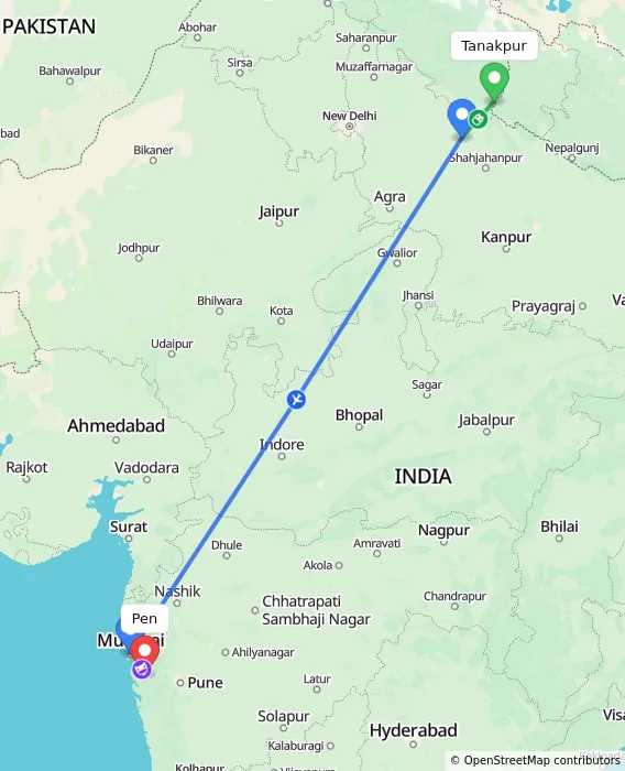 Route map showing distance and travel time from Tanakpur, India to Pen, India