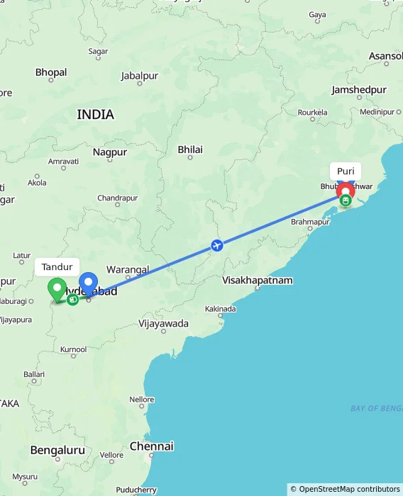 Route map showing distance and travel time from Tandur, India to Puri, India