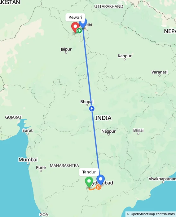 Route map showing distance and travel time from Tandur, India to Rewari, India