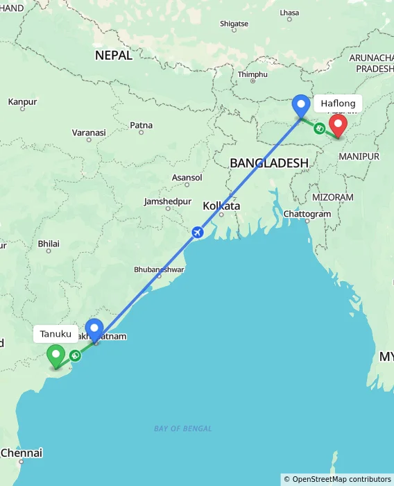 Route map showing distance and travel time from Tanuku, India to Haflong, India