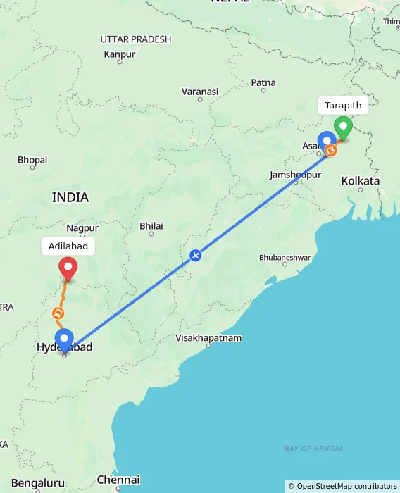 Route map showing distance and travel time from Tarapith, India to Adilabad, India