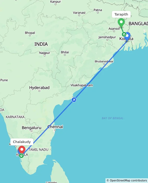 Route map showing distance and travel time from Tarapith, India to Chalakudy, India