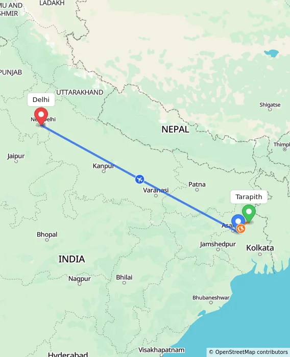 Route map showing distance and travel time from Tarapith, India to Delhi, India