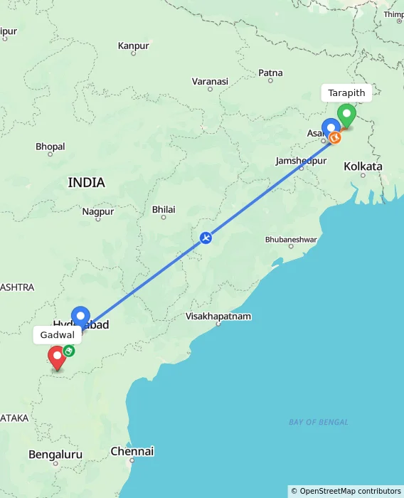 Route map showing distance and travel time from Tarapith, India to Gadwal, India