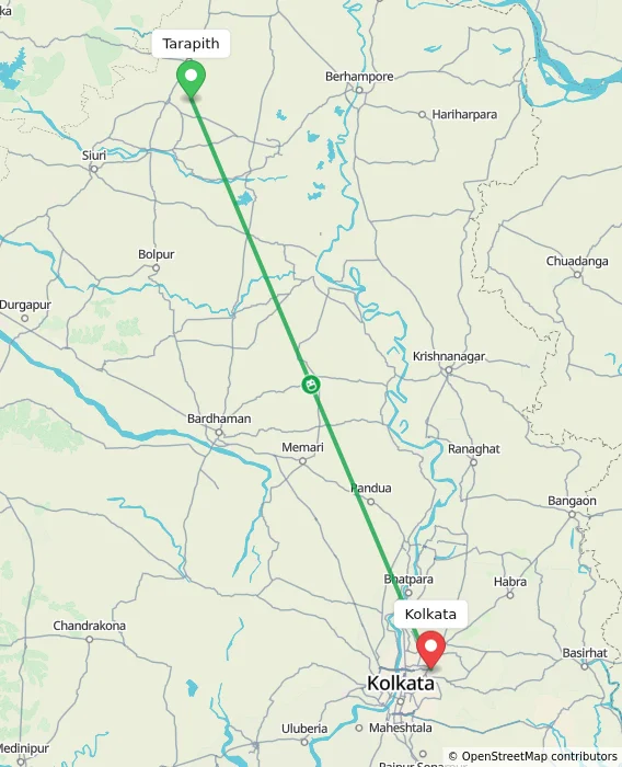 Route map showing distance and travel time from Tarapith, India to Kolkata, India