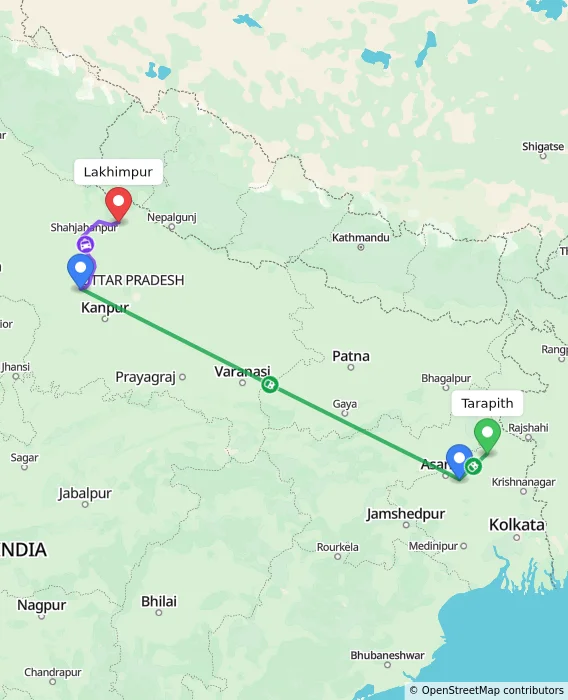 Route map showing distance and travel time from Tarapith, India to Lakhimpur, India
