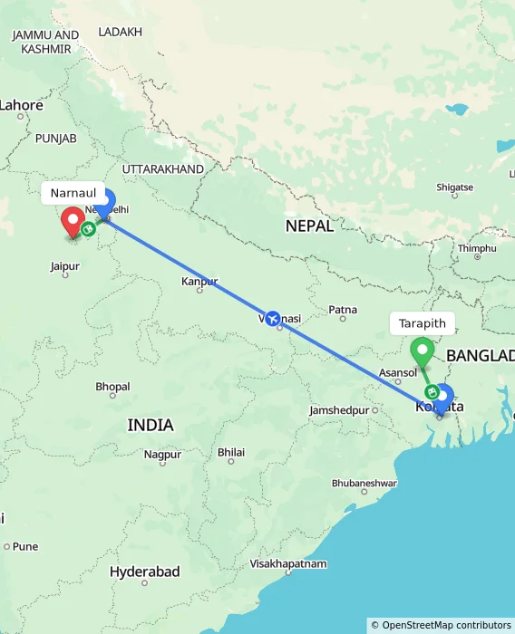 Route map showing distance and travel time from Tarapith, India to Narnaul, India