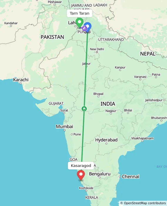 Route map showing distance and travel time from Tarn Taran, India to Kasaragod, India