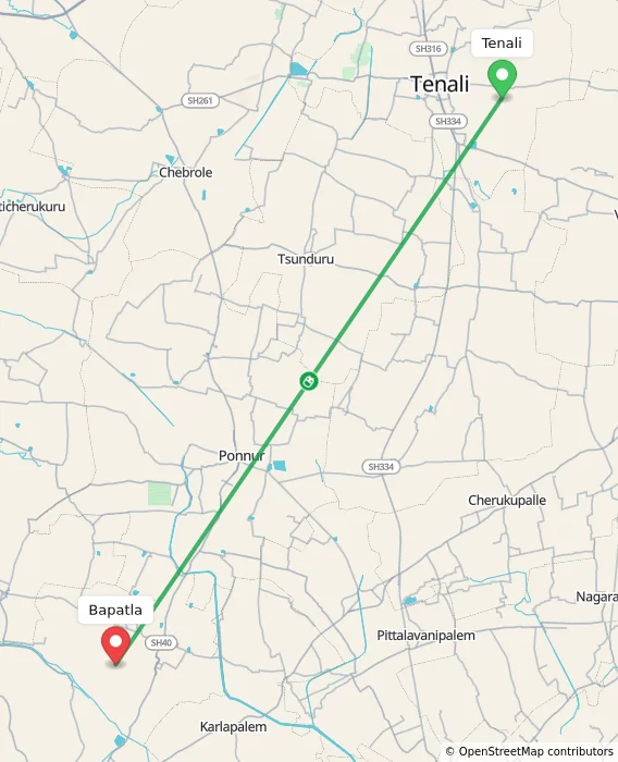 Route map showing distance and travel time from Tenali, India to Bapatla, India