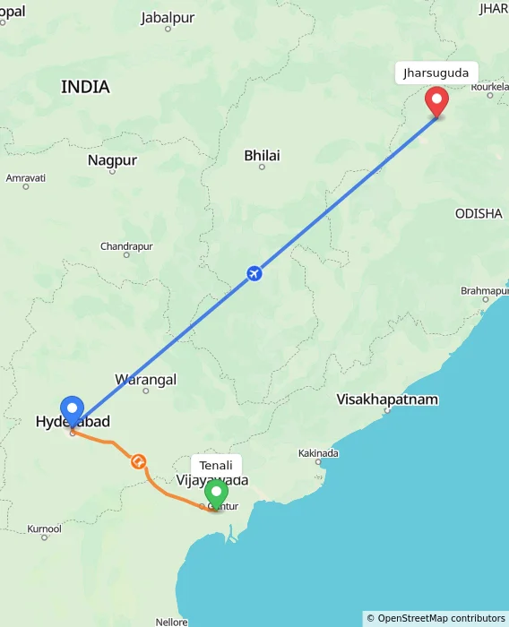 Route map showing distance and travel time from Tenali, India to Jharsuguda, India