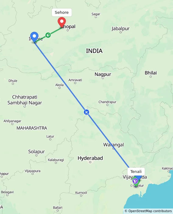 Route map showing distance and travel time from Tenali, India to Sehore, India
