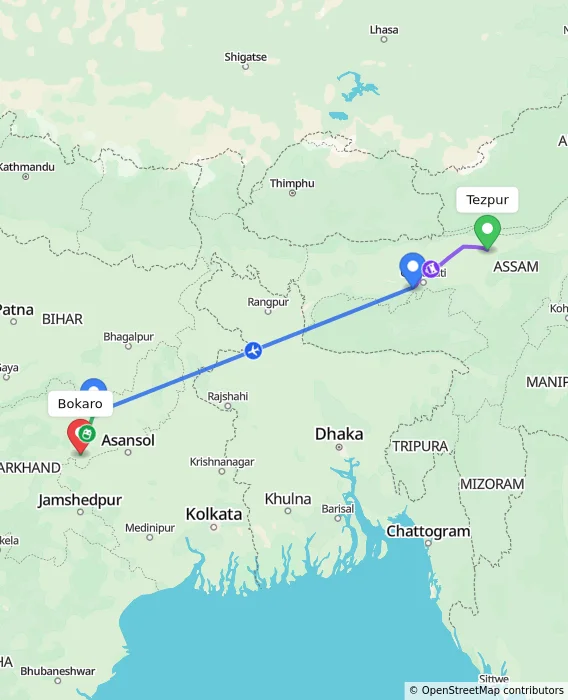 Route map showing distance and travel time from Tezpur, India to Bokaro, India