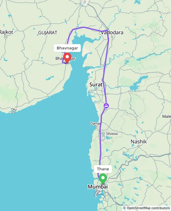 Route map showing distance and travel time from Thane, India to Bhavnagar, India