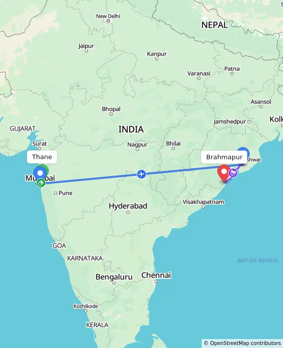 Route map showing distance and travel time from Thane, India to Brahmapur, India