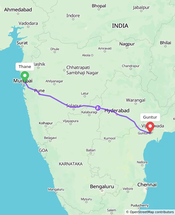 Route map showing distance and travel time from Thane, India to Guntur, India