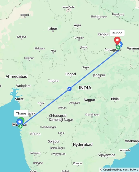 Route map showing distance and travel time from Thane, India to Kunda, India