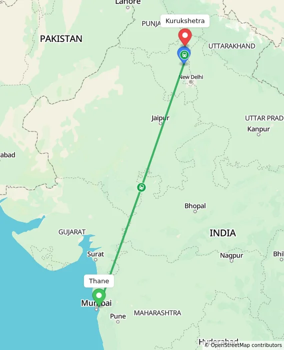 Route map showing distance and travel time from Thane, India to Kurukshetra, India