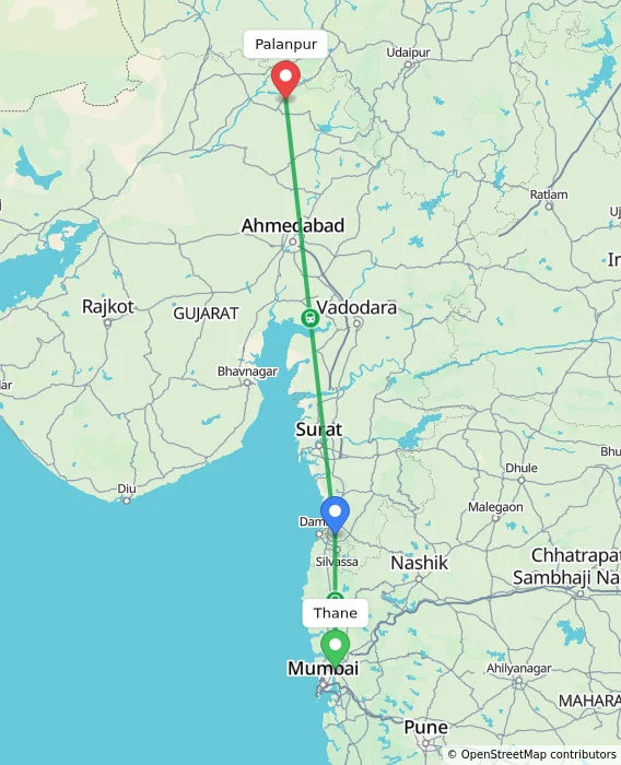 Route map showing distance and travel time from Thane, India to Palanpur, India