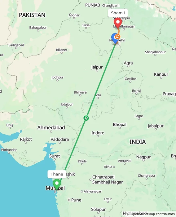 Route map showing distance and travel time from Thane, India to Shamli, India