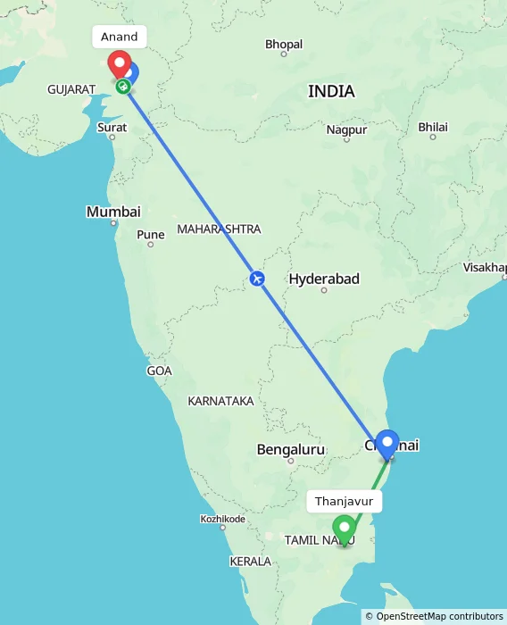 Route map showing distance and travel time from Thanjavur, India to Anand, India