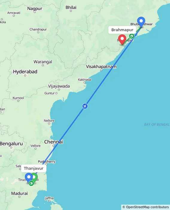 Route map showing distance and travel time from Thanjavur, India to Brahmapur, India