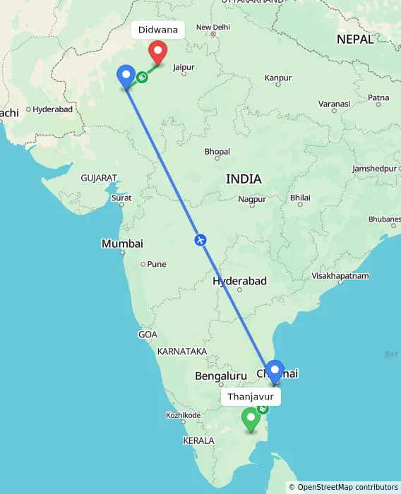 Route map showing distance and travel time from Thanjavur, India to Didwana, India