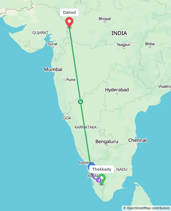 Route map showing distance and travel time from Thekkady, India to Dahod, India