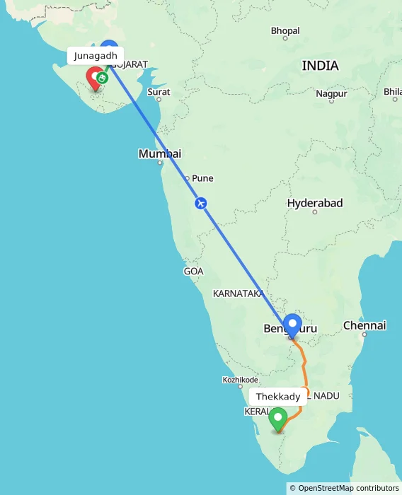 Route map showing distance and travel time from Thekkady, India to Junagadh, India