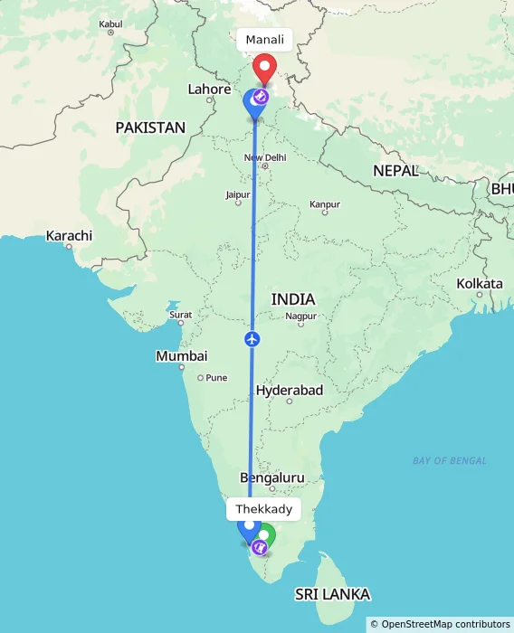 Route map showing distance and travel time from Thekkady, India to Manali, India