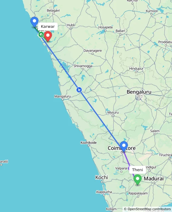 Route map showing distance and travel time from Theni, India to Karwar, India