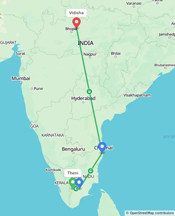 Route map showing distance and travel time from Theni, India to Vidisha, India