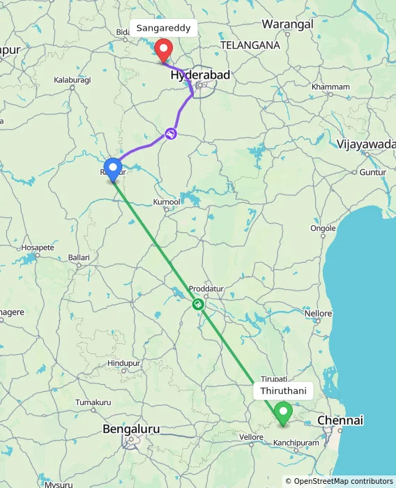 Route map showing distance and travel time from Thiruthani, India to Sangareddy, India