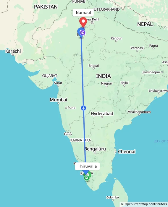 Route map showing distance and travel time from Thiruvalla, India to Narnaul, India