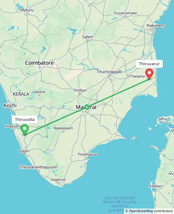 Route map showing distance and travel time from Thiruvalla, India to Thiruvarur, India
