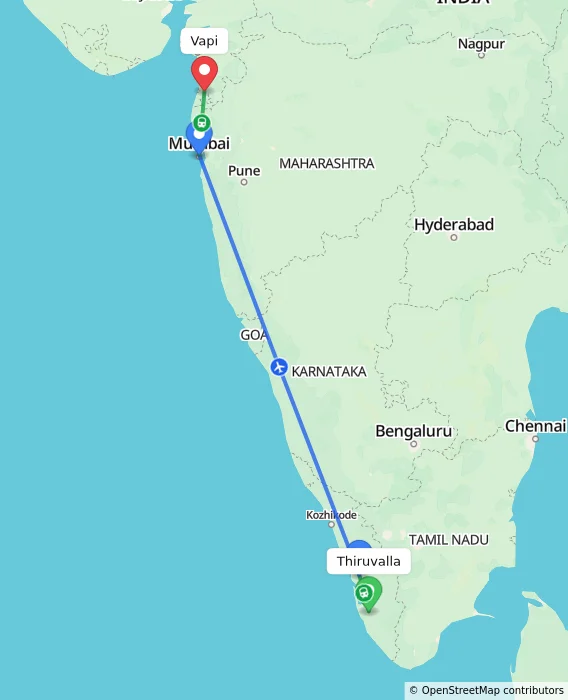 Route map showing distance and travel time from Thiruvalla, India to Vapi, India