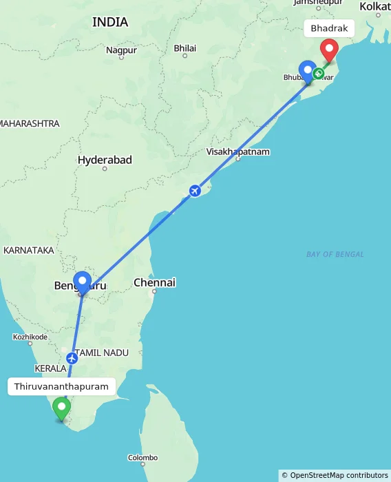 Route map showing distance and travel time from Thiruvananthapuram, India to Bhadrak, India