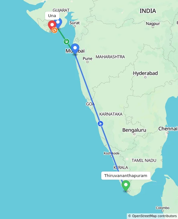 Route map showing distance and travel time from Thiruvananthapuram, India to Una, India