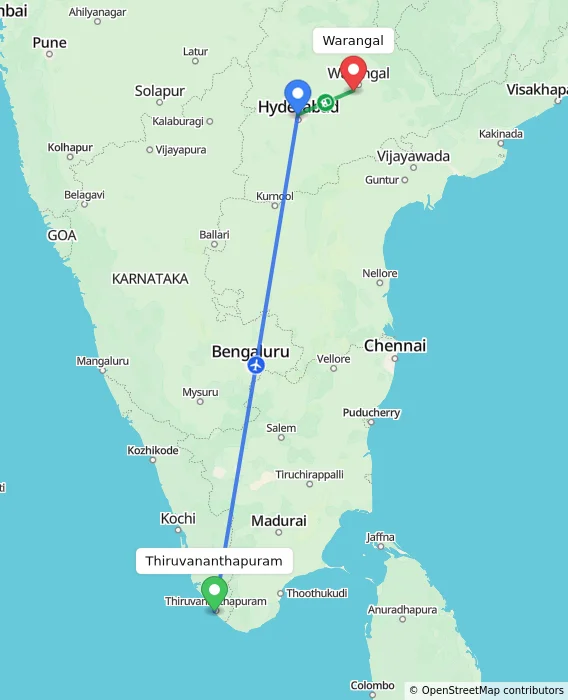 Route map showing distance and travel time from Thiruvananthapuram, India to Warangal, India