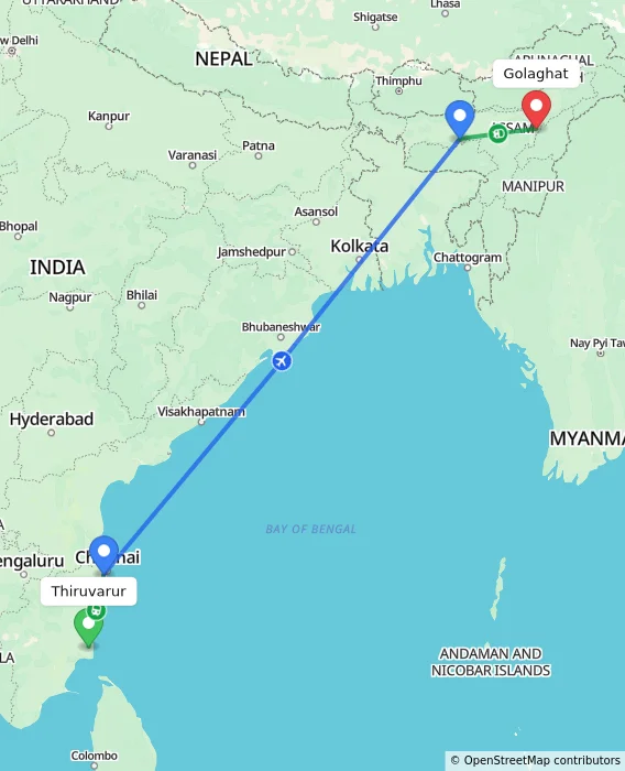 Route map showing distance and travel time from Thiruvarur, India to Golaghat, India