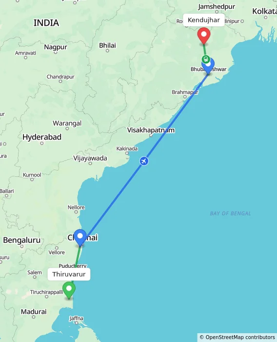Route map showing distance and travel time from Thiruvarur, India to Kendujhar, India