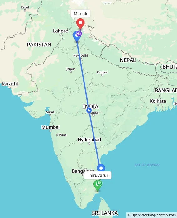 Route map showing distance and travel time from Thiruvarur, India to Manali, India