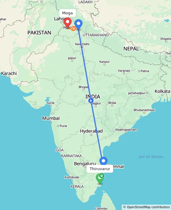 Route map showing distance and travel time from Thiruvarur, India to Moga, India
