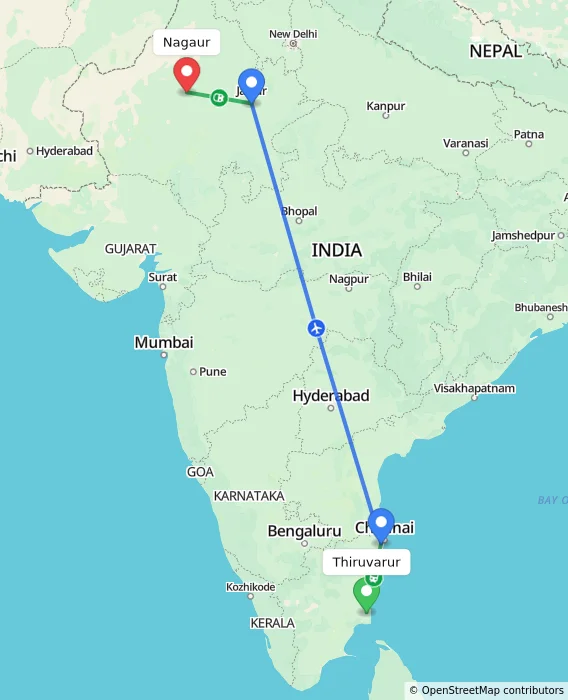 Route map showing distance and travel time from Thiruvarur, India to Nagaur, India